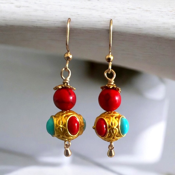 Golden Oasis Red & Turquoise Dangling Earrings - Picture 1 of 4
